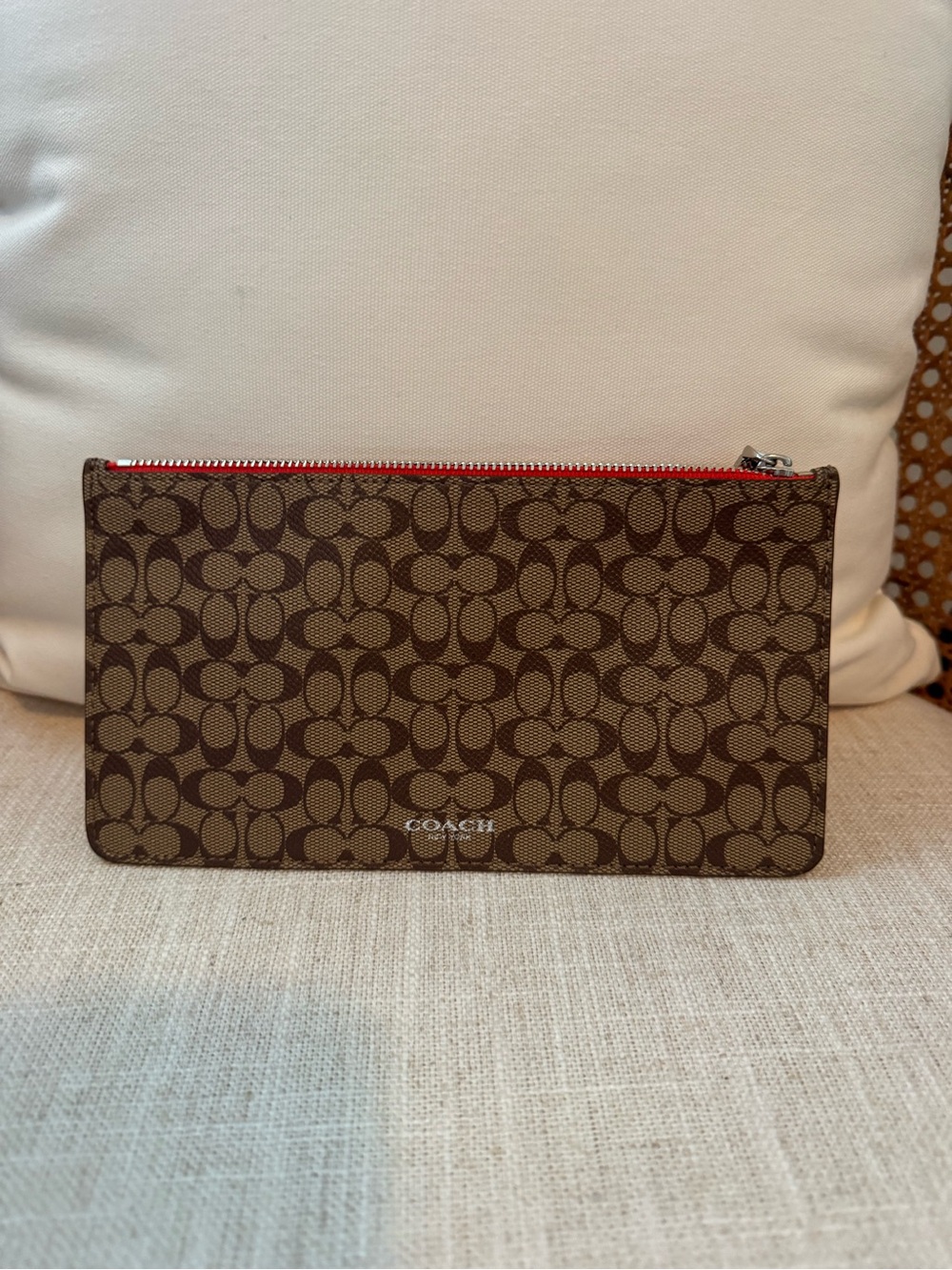 Coach Brown Signature Canvas Zip Pouch with Red Trim